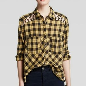 Free People Yellow Plaid Snap Button Down Blouse Top Women's Size Small S